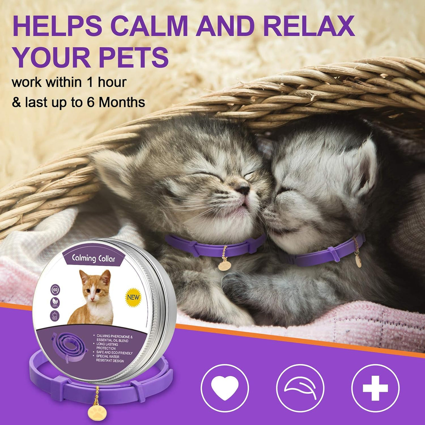 4 Pcs Cat Calming Collar Adjustable Lavender Scent Relaxing Cat Collar with 2 Pendant for Puppies Reduce Stress Aggression Anxious, up to 15 Inches(Purple, Gold)