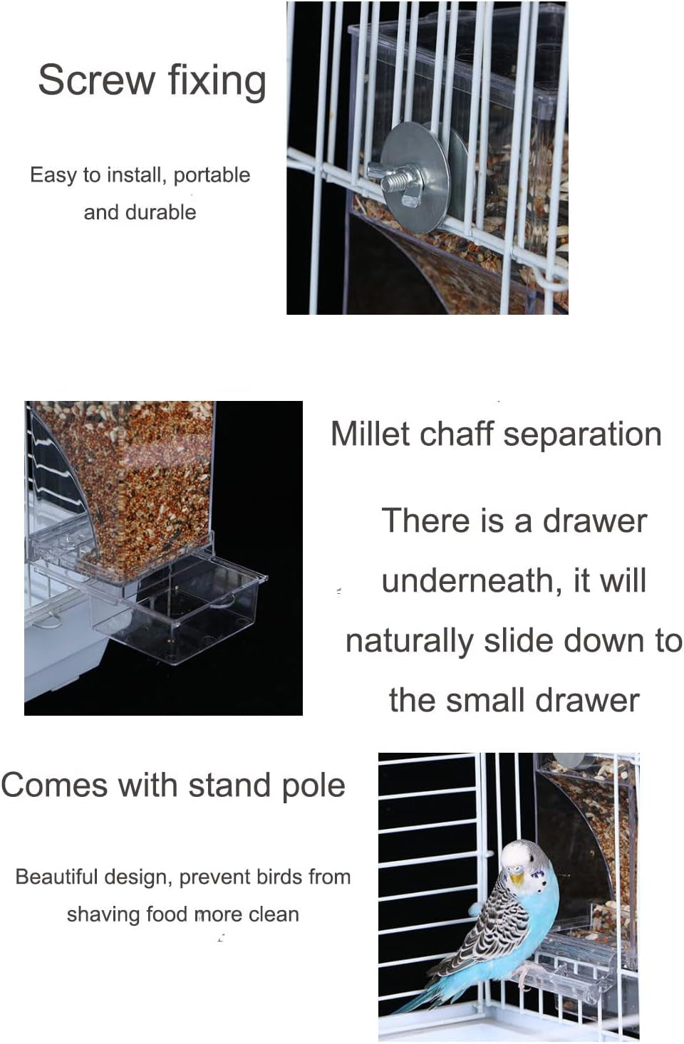 No Mess Bird Cage Feeder Automatic Acrylic Parrot Feeder Bird Cage Accessories for Parakeets Canary Cockatiel Finch (Transparent)