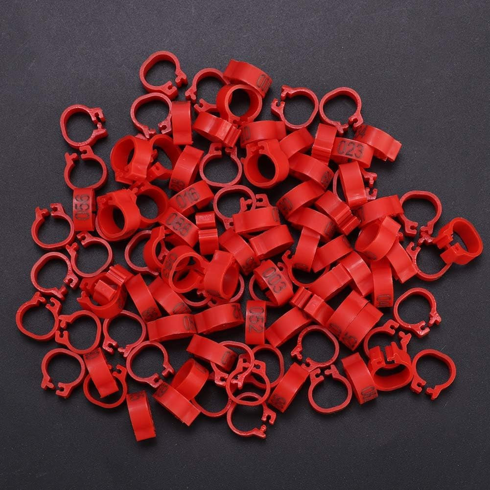 100Pcs Pigeons Leg Ring, 8Mm 001-100 Numbered Plastic Poultry Leg Bands Clip on Leg Rings for Bird Dove Finch Lovebird Quail(Red)