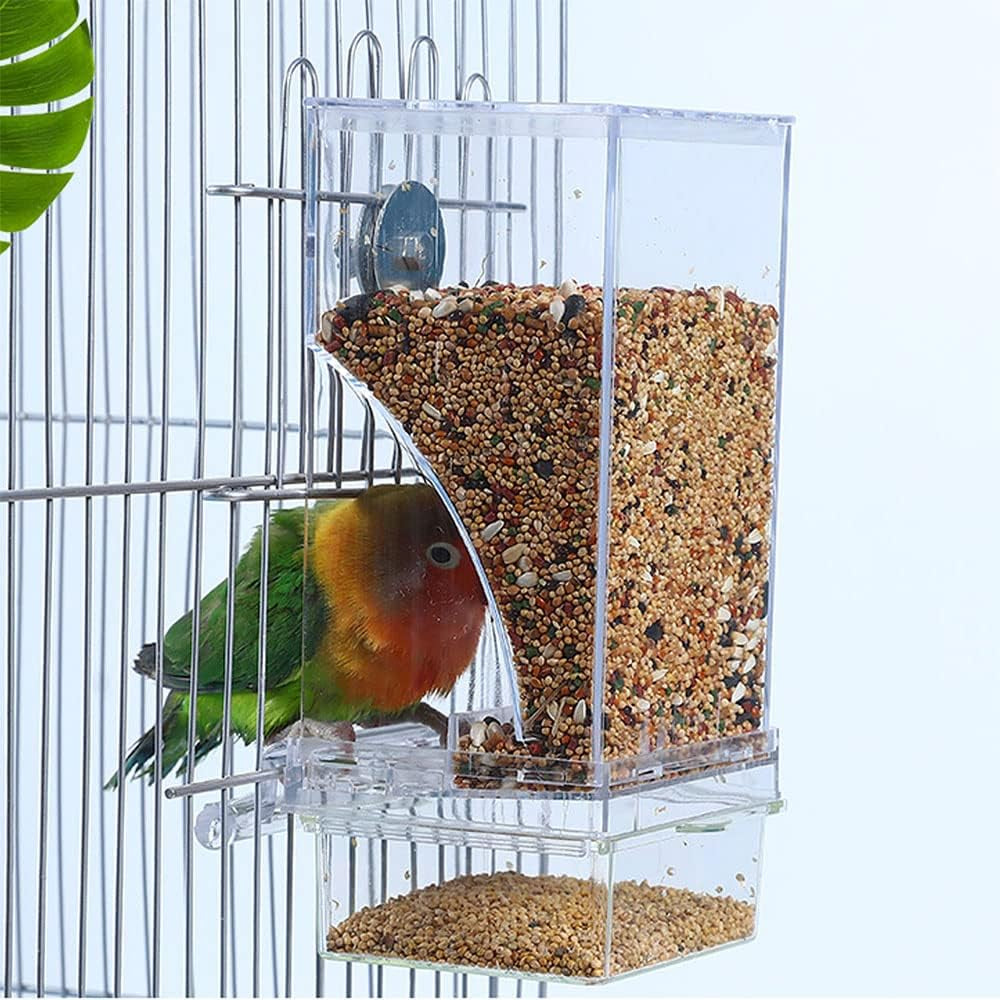 No Mess Bird Cage Feeder 2Pack Automatic Parrot Seed Feeders with Perch Acrylic Transparent Seed Food Container Cage Accessories for Small and Medium Lovebirds Parakeets