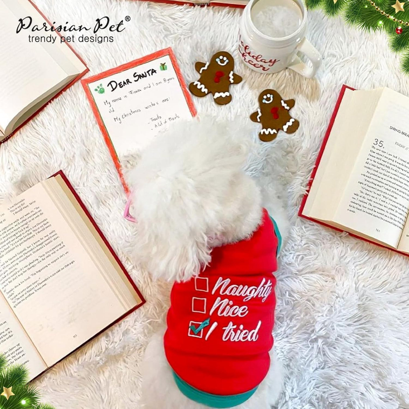 Embroidered 'Naughty or Nice' Dog Shirt - Lightweight Cotton, Sleeveless, Funny Christmas Dog Clothes - XXL