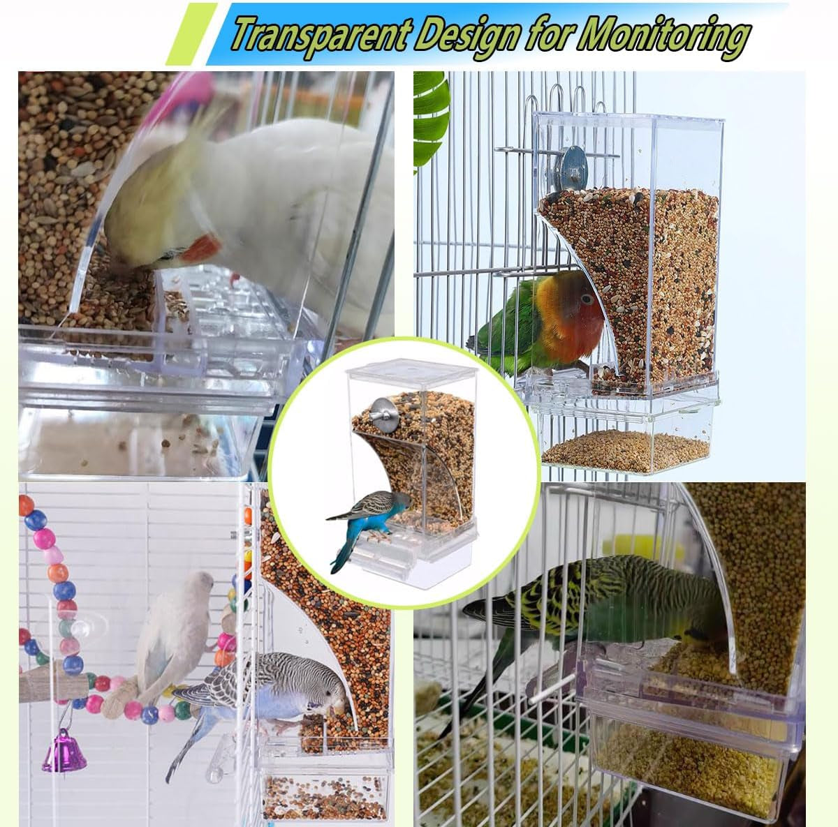 No Mess Bird Water Feeder Dispenser Automatic Hanging Bird Feeder for Cage, Parakeet Cage Accessories, Parrot Cockatiel Seed Food Container Drinker for Squirrel Finch Lovebirds Budgies Canary (Set)