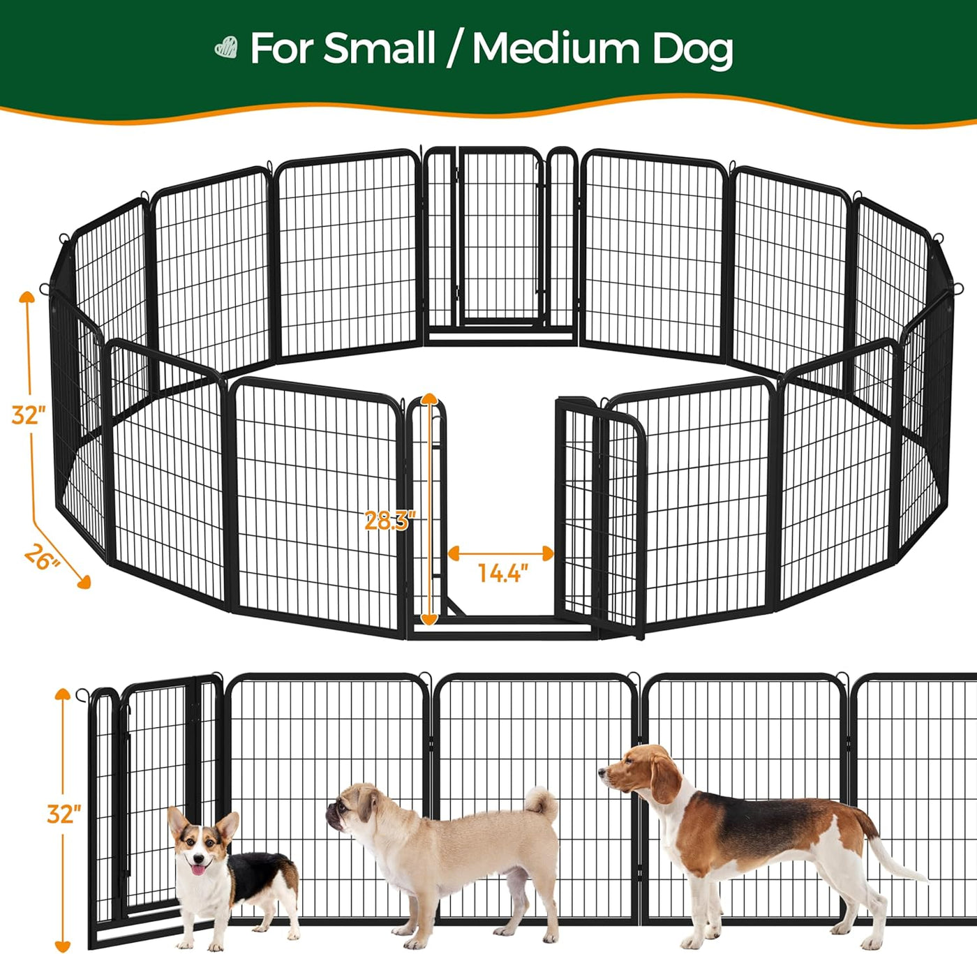 32-Inch Heavy Duty Dog Pen- Foldable Metal 16 Panel Dog Pen Dog Exercise Pen Barrier Kennel Portable Cat Duck Chicken Puppy Fence with Door Outdoor & Indoor Black