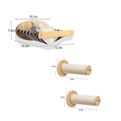 3Pcs Cat Hammock with Four Step Sisal Stairways or Scratching Posts Set Wall Mounted Wooden Cats Furniture Climbing Shelf Perch