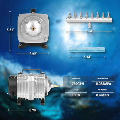 Aquarium Air Pump with Aluminum Housing, Commercial Air Pump with 8-Outlet Air Manifold, Pond Aerator Fish Tank Bubbler for Aquarium, Pond, Hydroponics (1780GPH-100W)