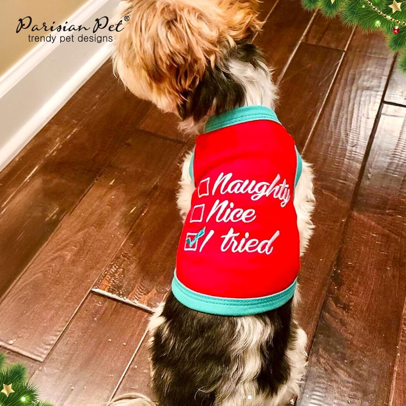 Embroidered 'Naughty or Nice' Dog Shirt - Lightweight Cotton, Sleeveless, Funny Christmas Dog Clothes - XXL