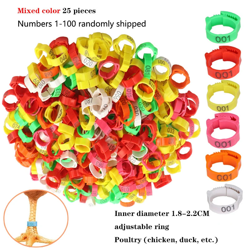 25/100P Chicken Foot Rings Adjustable Poultry Leg Digital Label Buckles Rings 6 Colors Plastic Chick Duck Goose Farm Equipment