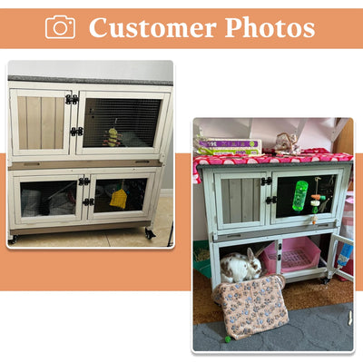 36"L Rabbit Hutch Indoor Wooden 2 Story Bunny Hutch Rabbit Cage Outdoor Bunny Cage on 4 Metal Wheels and 2 Deeper Pull Out Trays,Ramp,Guinea Pig Pet House for Small to Medium Animals,Grey