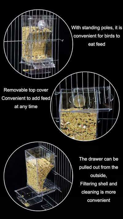 No Mess Bird Cage Feeder Automatic Acrylic Parrot Feeder Bird Cage Accessories for Parakeets Canary Cockatiel Finch (Transparent)