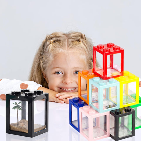 Betta Fish Tank, Mini Aquarium Stackable Cube Tank with Decor, Ant Feeding Case Mini Reptile Box, 3.54" X 3.54" X 4.33" (Black)