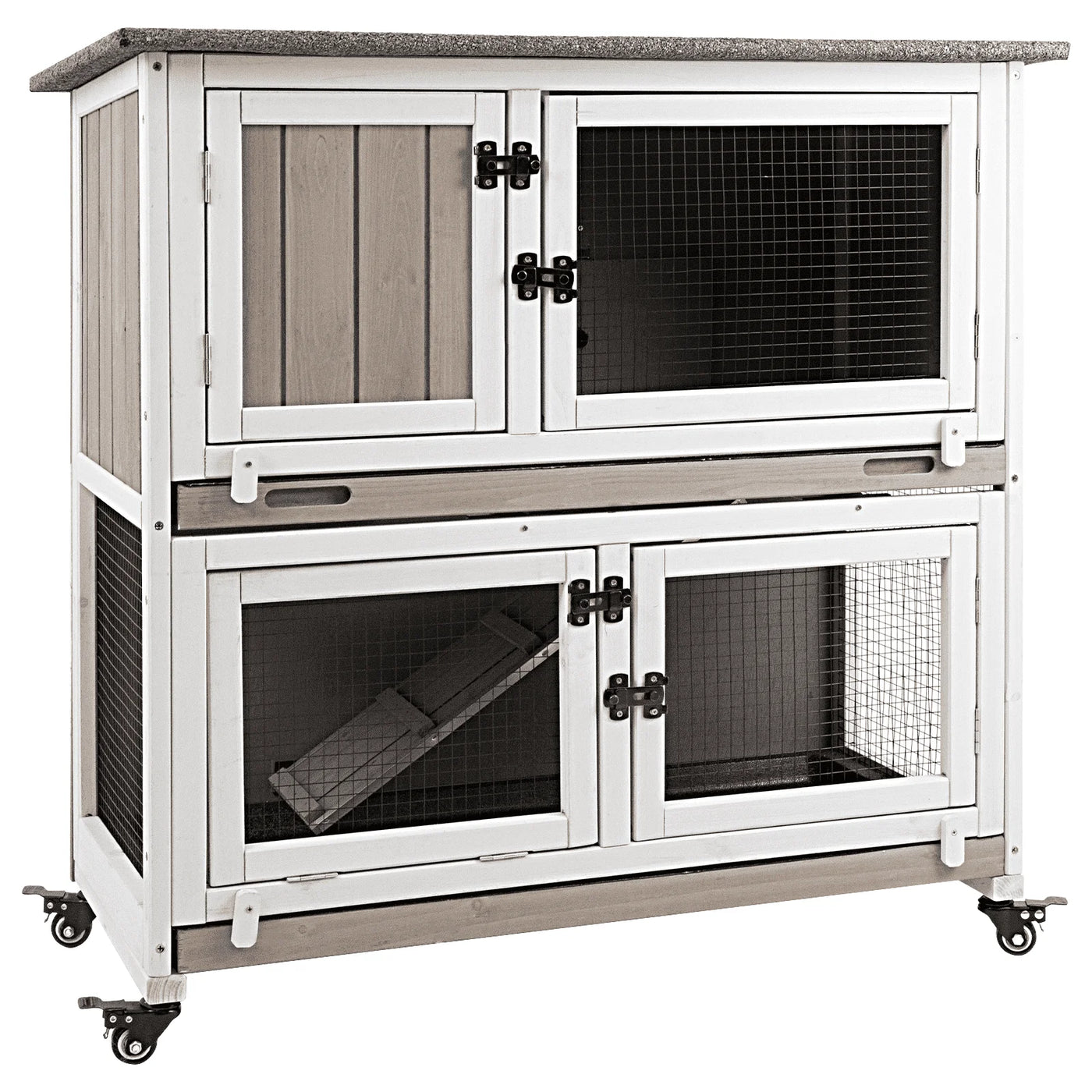 36"L Rabbit Hutch Indoor Wooden 2 Story Bunny Hutch Rabbit Cage Outdoor Bunny Cage on 4 Metal Wheels and 2 Deeper Pull Out Trays,Ramp,Guinea Pig Pet House for Small to Medium Animals,Grey