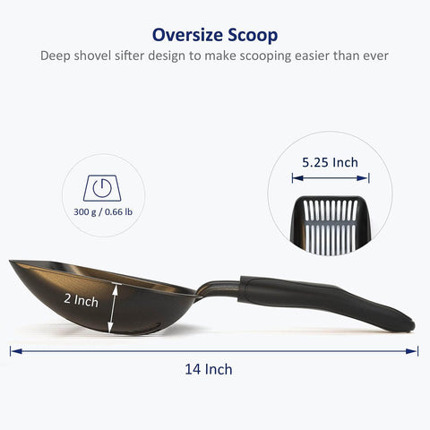 Cat Litter Scoop, Non Stick Plated Aluminum Alloy Sifter, Kitty Metal Scooper, Deep Shovel, Long Handle, Poop Sifting, Kitten Pooper Lifter, Coated Black Body with Black Handle