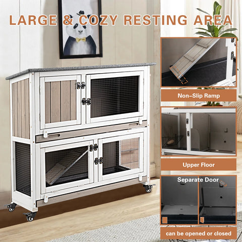 36"L Rabbit Hutch Indoor Wooden 2 Story Bunny Hutch Rabbit Cage Outdoor Bunny Cage on 4 Metal Wheels and 2 Deeper Pull Out Trays,Ramp,Guinea Pig Pet House for Small to Medium Animals,Grey