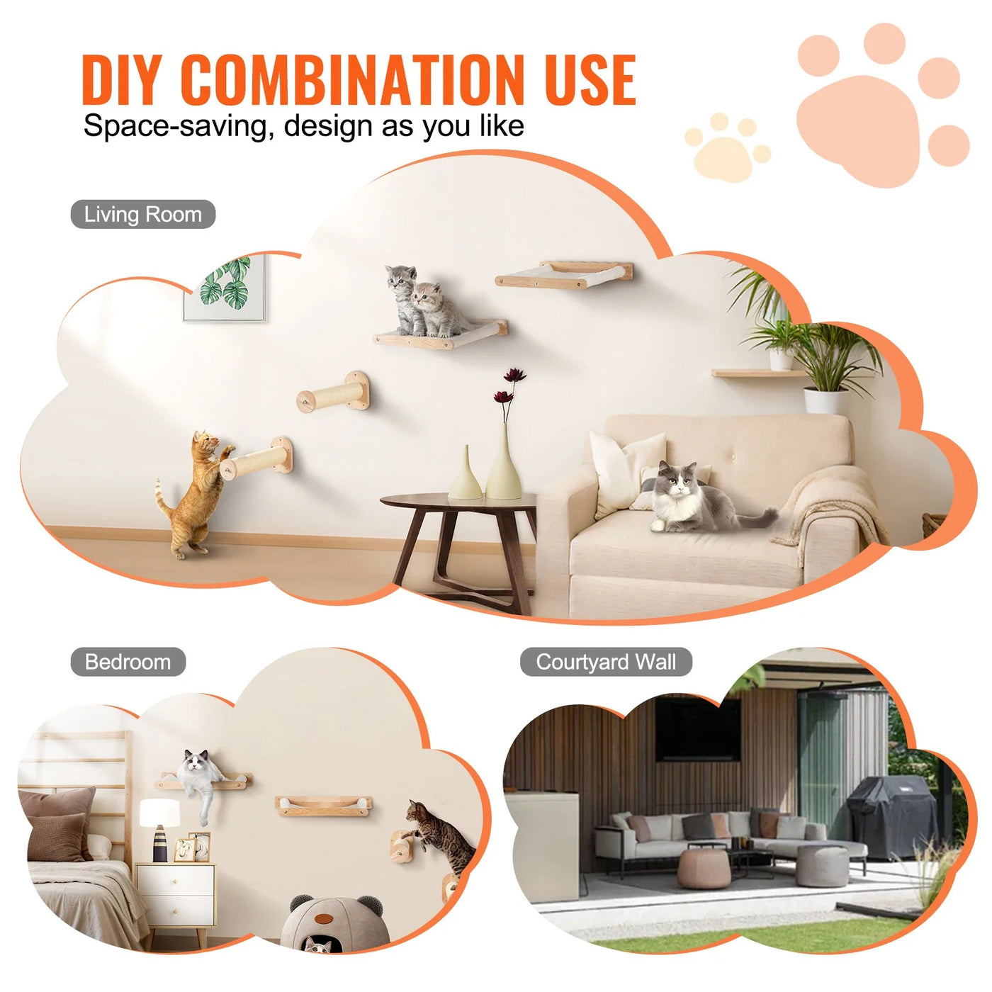 VEVOR Wall Mounted Cat Shelves with 2 Jumping Posts & 2 Hammocks up to 40 Lbs