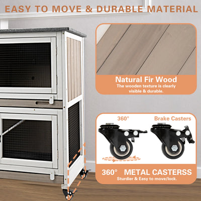 36"L Rabbit Hutch Indoor Wooden 2 Story Bunny Hutch Rabbit Cage Outdoor Bunny Cage on 4 Metal Wheels and 2 Deeper Pull Out Trays,Ramp,Guinea Pig Pet House for Small to Medium Animals,Grey