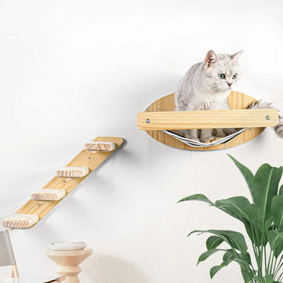 3Pcs Cat Hammock with Four Step Sisal Stairways or Scratching Posts Set Wall Mounted Wooden Cats Furniture Climbing Shelf Perch