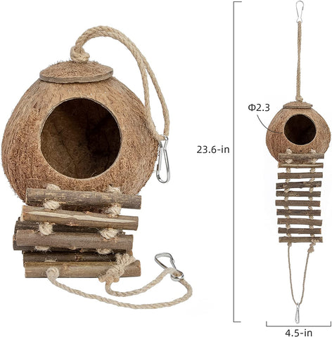 100% Natural Coconut Hideaway with Ladder, Bird and Small Animal Toy