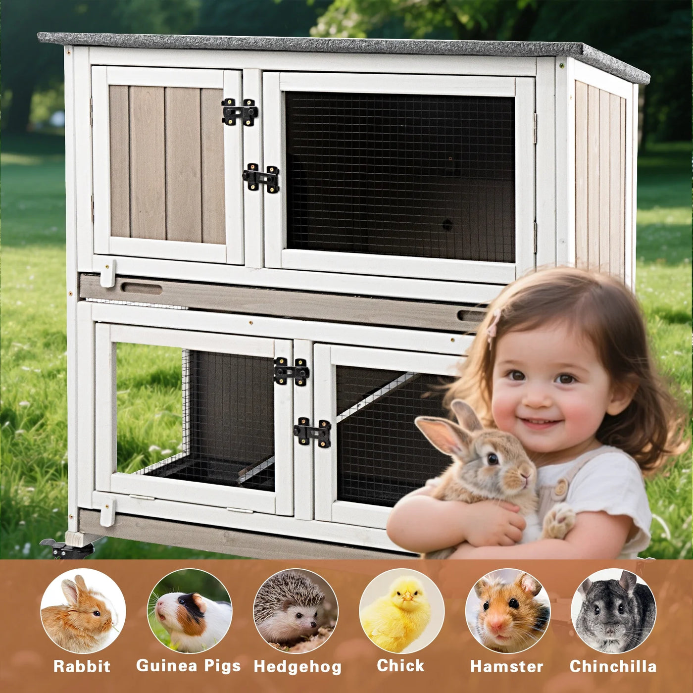 36"L Rabbit Hutch Indoor Wooden 2 Story Bunny Hutch Rabbit Cage Outdoor Bunny Cage on 4 Metal Wheels and 2 Deeper Pull Out Trays,Ramp,Guinea Pig Pet House for Small to Medium Animals,Grey