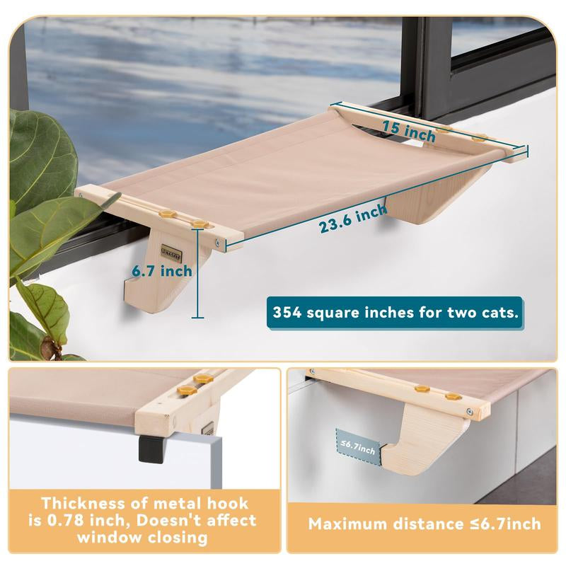 [Cozy Cat Hammock] PETSFIT Window Seat with Wood Base & Soft Mat | Supports Large Cats | Fits Windowsill/Bedside/Drawer