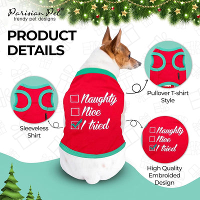 Embroidered 'Naughty or Nice' Dog Shirt - Lightweight Cotton, Sleeveless, Funny Christmas Dog Clothes - XXL