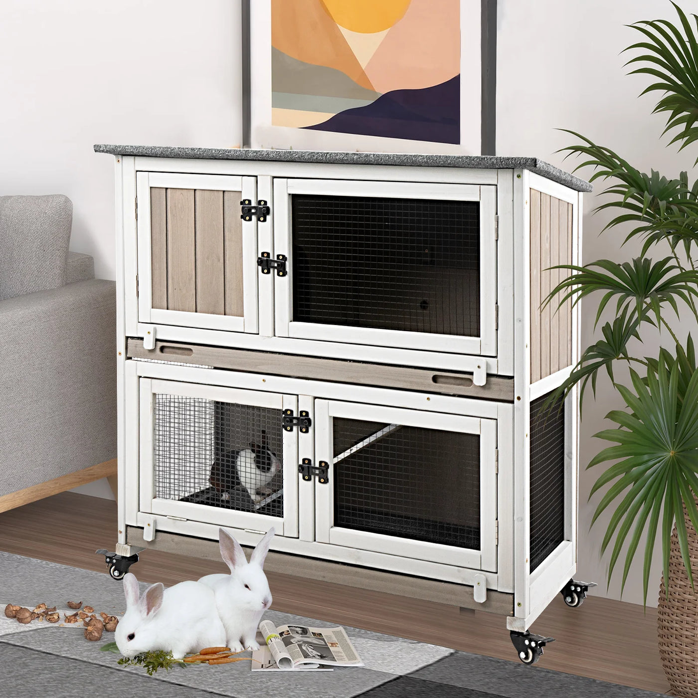36"L Rabbit Hutch Indoor Wooden 2 Story Bunny Hutch Rabbit Cage Outdoor Bunny Cage on 4 Metal Wheels and 2 Deeper Pull Out Trays,Ramp,Guinea Pig Pet House for Small to Medium Animals,Grey