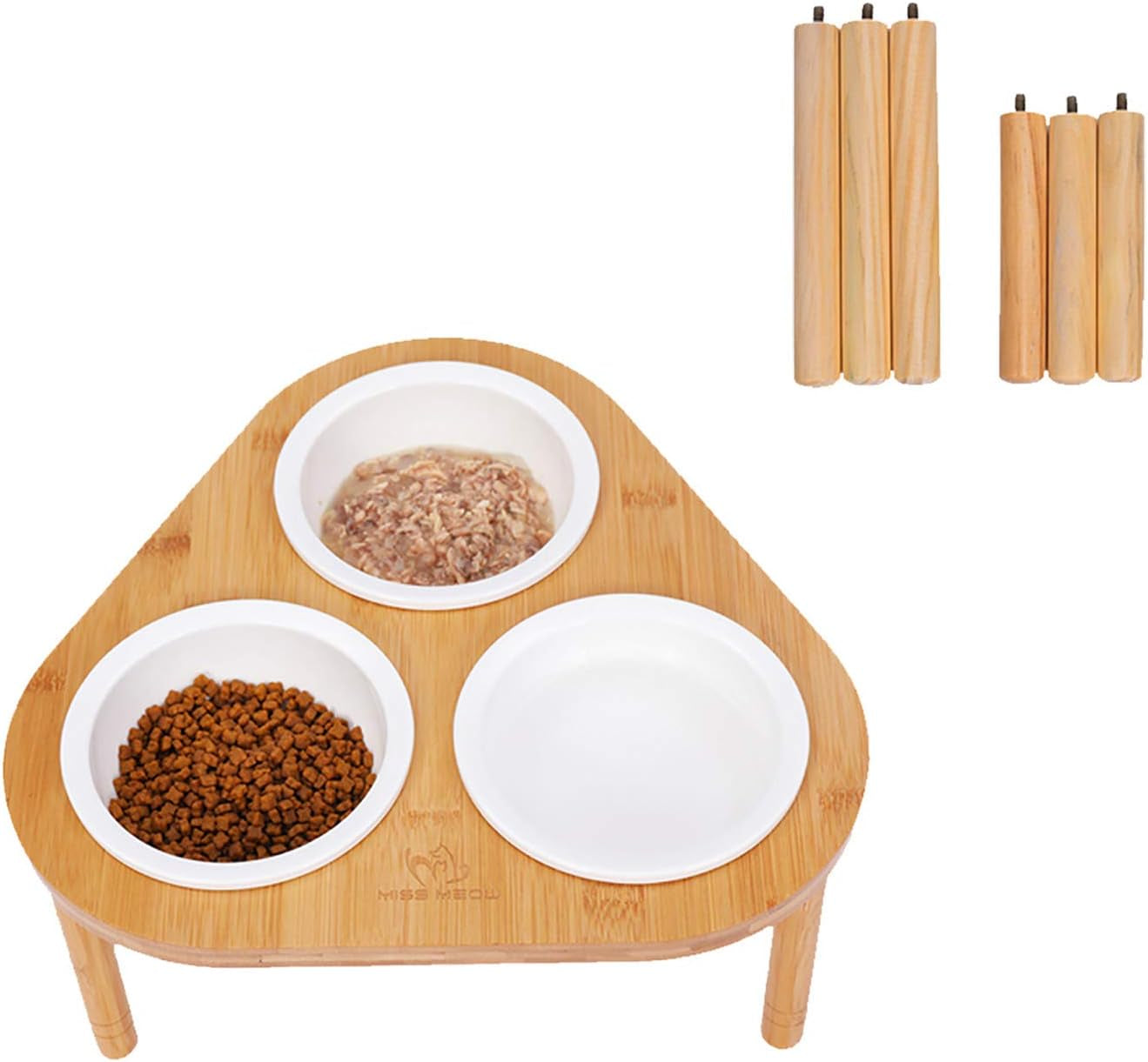 Raised Cat Bowls with Stand Feeder, Elevated Bamboo Stand with 3 Ceramics Bowls, anti Slip and Removable Feet. (Ceramic Bowls)