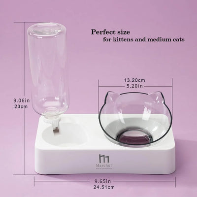 Raised Three Cat Dishes Food and Water Bowl with Automatic Water Bottle for Cats