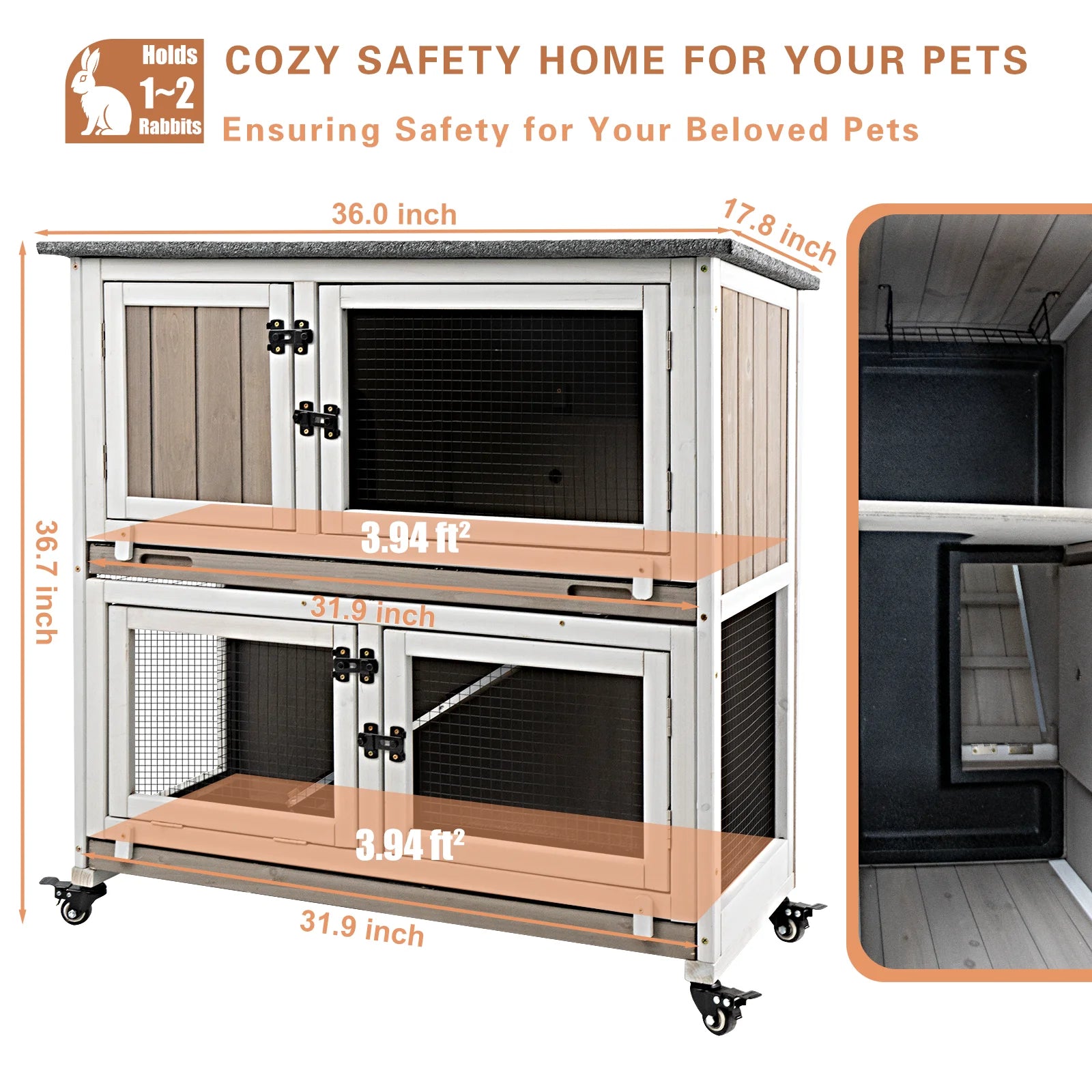 36"L Rabbit Hutch Indoor Wooden 2 Story Bunny Hutch Rabbit Cage Outdoor Bunny Cage on 4 Metal Wheels and 2 Deeper Pull Out Trays,Ramp,Guinea Pig Pet House for Small to Medium Animals,Grey