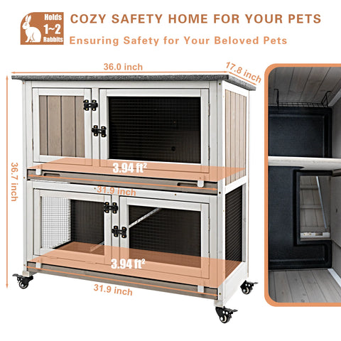 36"L Rabbit Hutch Indoor Wooden 2 Story Bunny Hutch Rabbit Cage Outdoor Bunny Cage on 4 Metal Wheels and 2 Deeper Pull Out Trays,Ramp,Guinea Pig Pet House for Small to Medium Animals,Grey