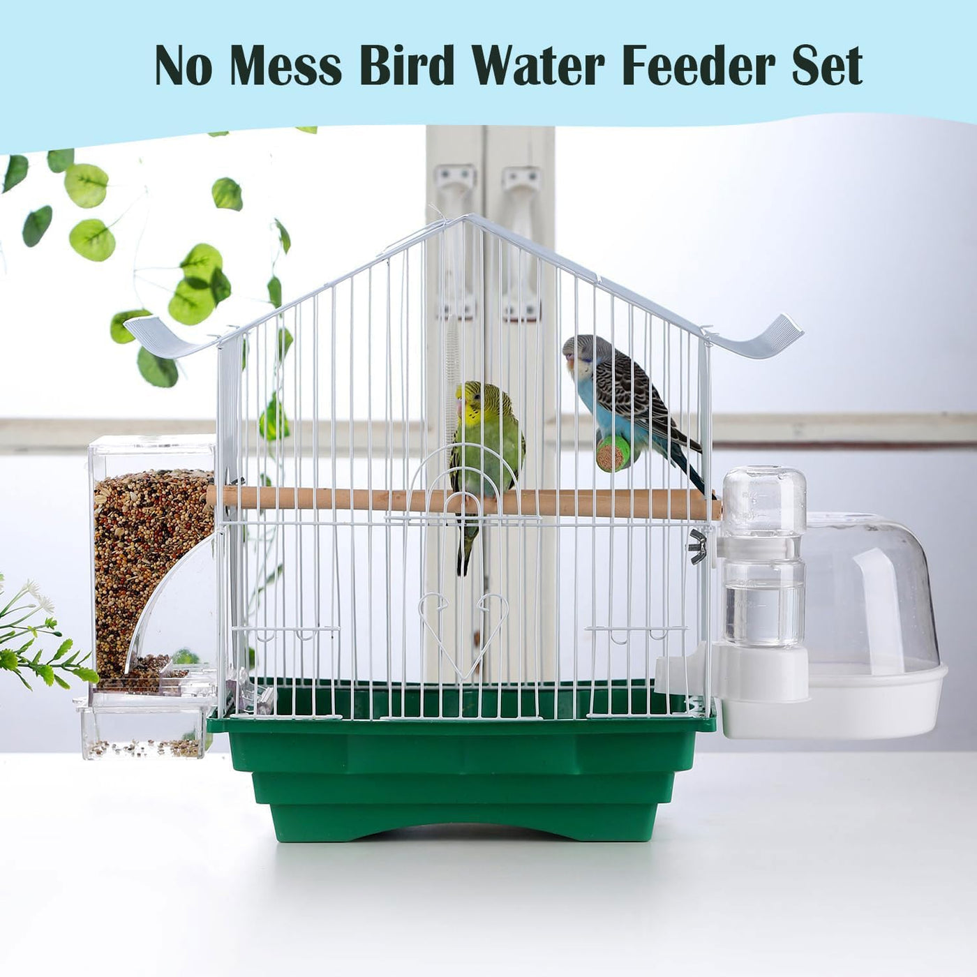 No Mess Bird Water Feeder Dispenser Automatic Hanging Bird Feeder for Cage, Parakeet Cage Accessories, Parrot Cockatiel Seed Food Container Drinker for Squirrel Finch Lovebirds Budgies Canary (Set)