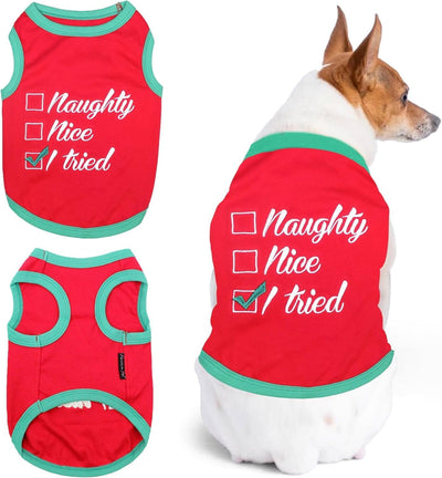 Embroidered 'Naughty or Nice' Dog Shirt - Lightweight Cotton, Sleeveless, Funny Christmas Dog Clothes - XXL
