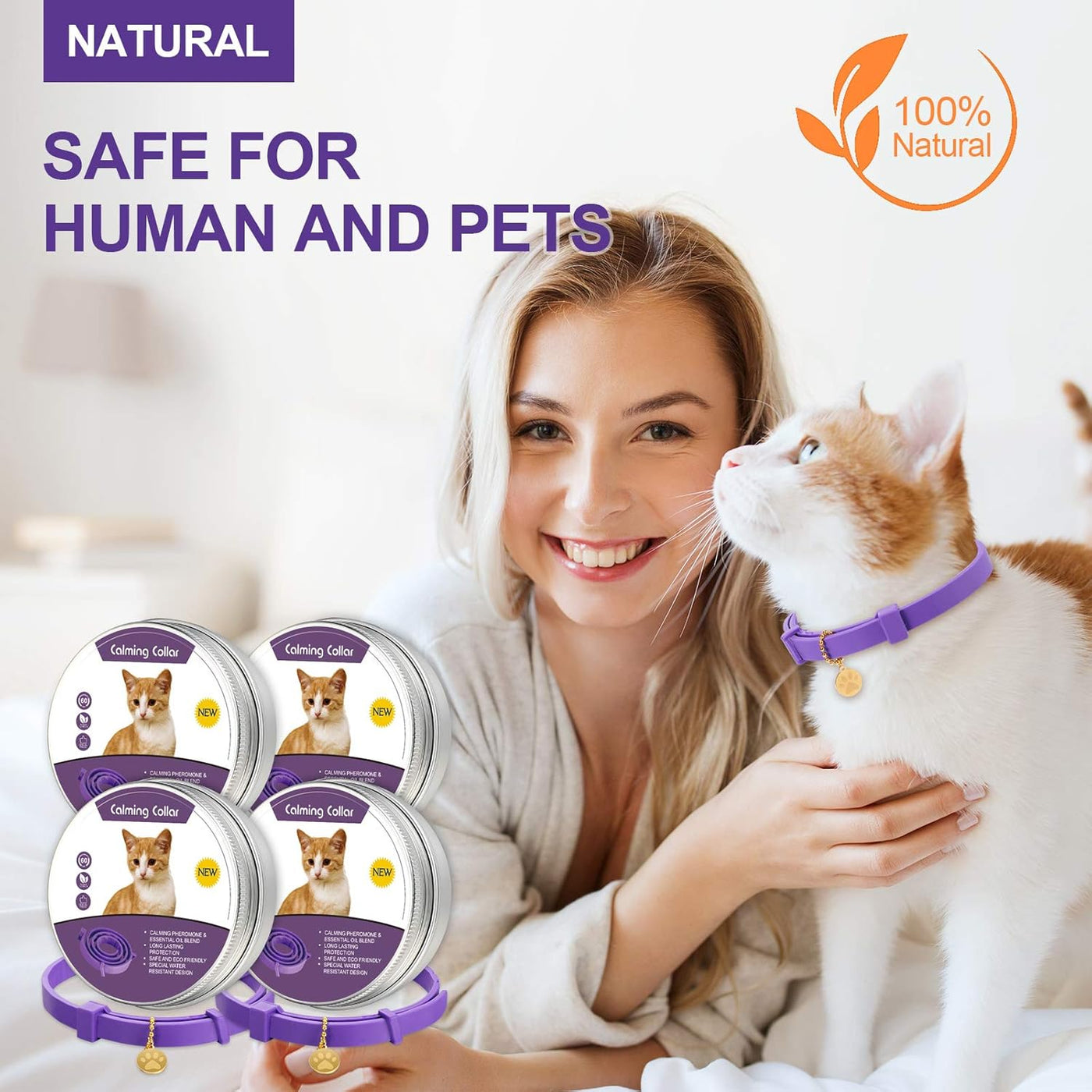4 Pcs Cat Calming Collar Adjustable Lavender Scent Relaxing Cat Collar with 2 Pendant for Puppies Reduce Stress Aggression Anxious, up to 15 Inches(Purple, Gold)