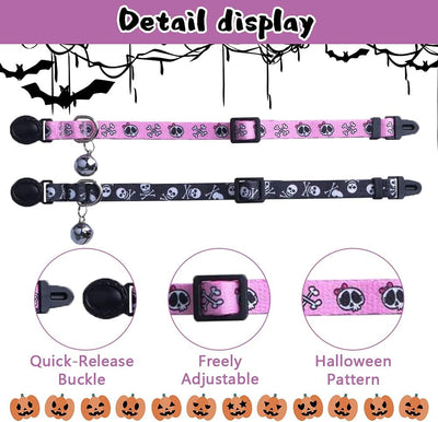 Breakaway Cat Collar with Bell Charm, 2 Packs Adjustable Kitty Collars Pink & Black Skull Pattern, 7.8-11.8 In