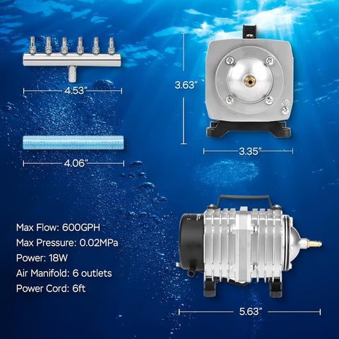 Aquarium Air Pump Commercial Air Pump with Aluminum Housing, 600/1000/1200/1750GPH Fish Tank Bubbler Pond Aerator for Aquariums, Ponds, Hydroponics