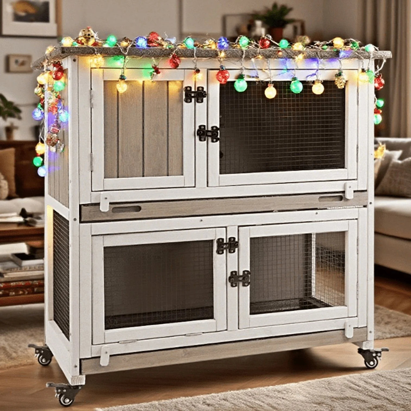 36"L Rabbit Hutch Indoor Wooden 2 Story Bunny Hutch Rabbit Cage Outdoor Bunny Cage on 4 Metal Wheels and 2 Deeper Pull Out Trays,Ramp,Guinea Pig Pet House for Small to Medium Animals,Grey