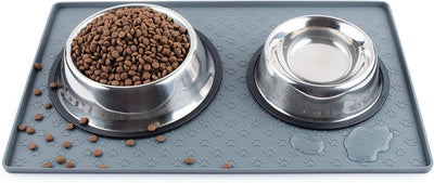 Cat & Dog Food Mat, Sillicone Waterproof Pet Bowl Placement Tray to Stop Food Spills and Water Messes Out to Floor (M: 18.9X11.8In, Grey)