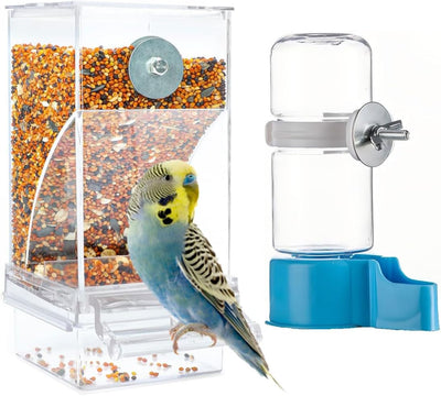 No Mess Bird Water Feeder Dispenser Automatic Hanging Bird Feeder for Cage, Parakeet Cage Accessories, Parrot Cockatiel Seed Food Container Drinker for Squirrel Finch Lovebirds Budgies Canary (Set)