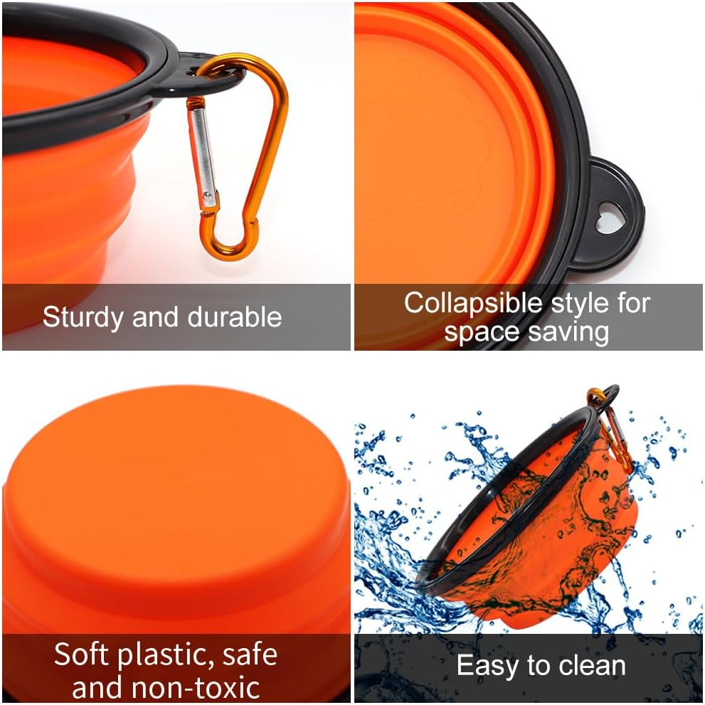 Dog Bowl Pet Collapsible Bowls, 2 Pack Collapsible Dog Water Bowls for Cats Dogs, Portable Pet Feeding Watering Dish for Walking Parking Traveling with 2 Carabiners (Small, Orange+Pink)