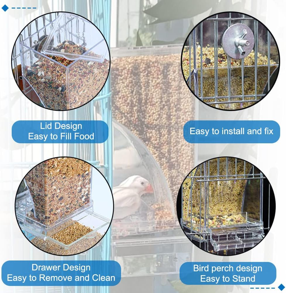 No Mess Bird Cage Feeder 2Pack Automatic Parrot Seed Feeders with Perch Acrylic Transparent Seed Food Container Cage Accessories for Small and Medium Lovebirds Parakeets