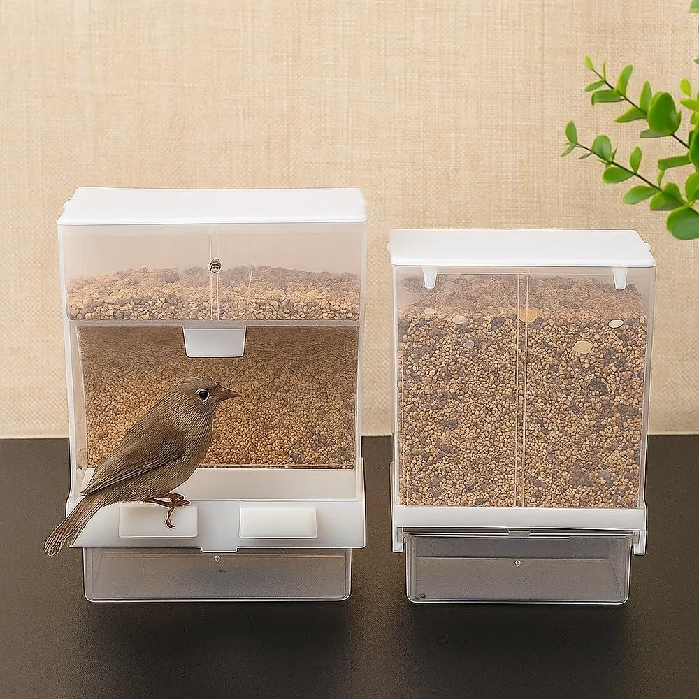 No Mess Bird Feeder for Cage, Automatic Acrylic Seed Container with Large Hook, Install-Free Parrot Feeder for Budgerigar, Canary, Cockatiel, Parakeet, Finch