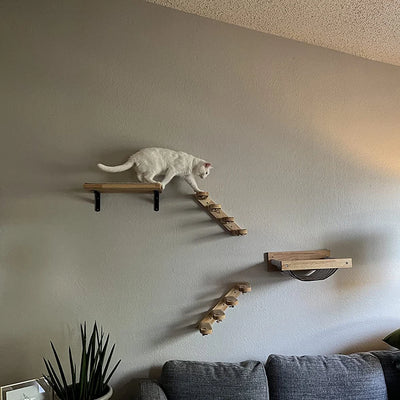 3Pcs Cat Hammock with Four Step Sisal Stairways or Scratching Posts Set Wall Mounted Wooden Cats Furniture Climbing Shelf Perch