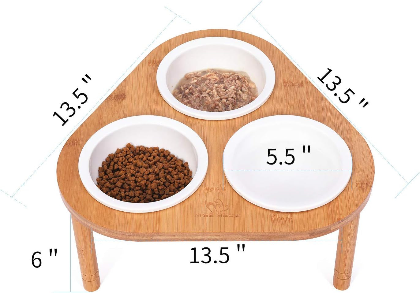 Raised Cat Bowls with Stand Feeder, Elevated Bamboo Stand with 3 Ceramics Bowls, anti Slip and Removable Feet. (Ceramic Bowls)