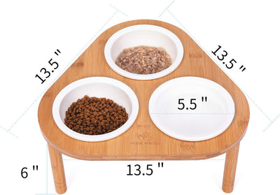 Raised Cat Bowls with Stand Feeder, Elevated Bamboo Stand with 3 Ceramics Bowls, anti Slip and Removable Feet. (Ceramic Bowls)