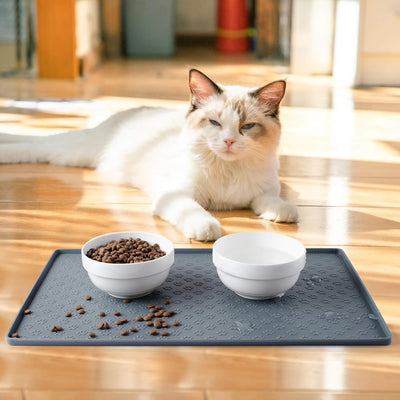 Cat & Dog Food Mat, Sillicone Waterproof Pet Bowl Placement Tray to Stop Food Spills and Water Messes Out to Floor (M: 18.9X11.8In, Grey)