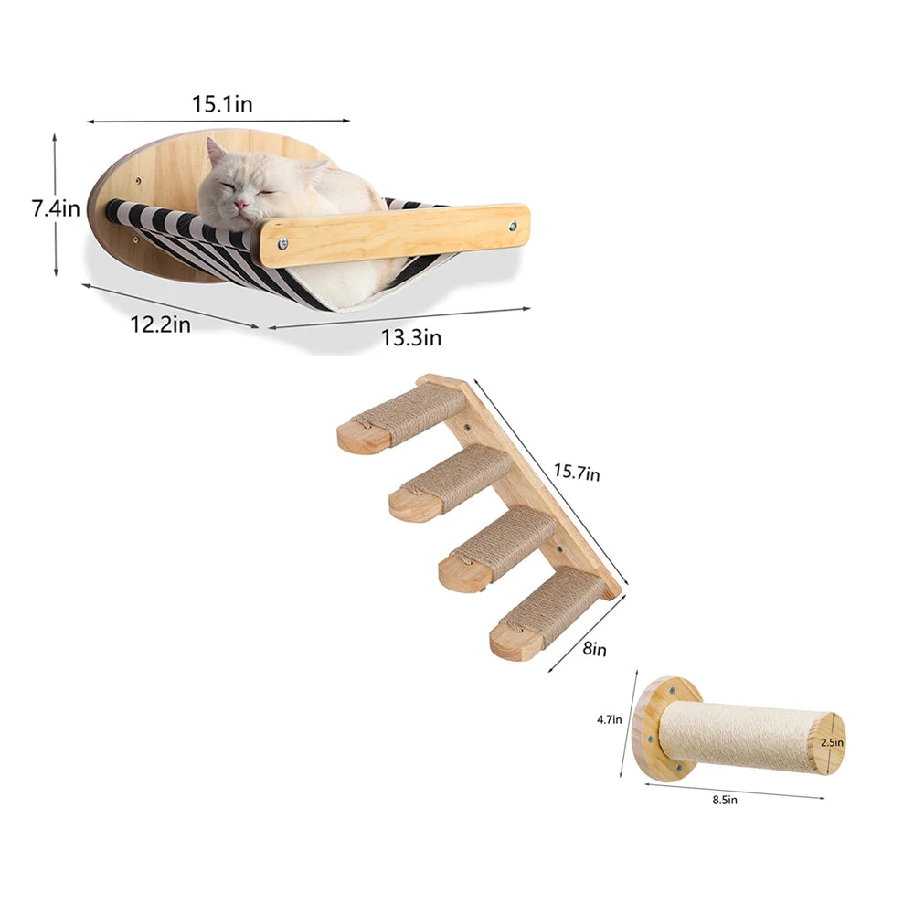 3Pcs Cat Hammock with Four Step Sisal Stairways or Scratching Posts Set Wall Mounted Wooden Cats Furniture Climbing Shelf Perch