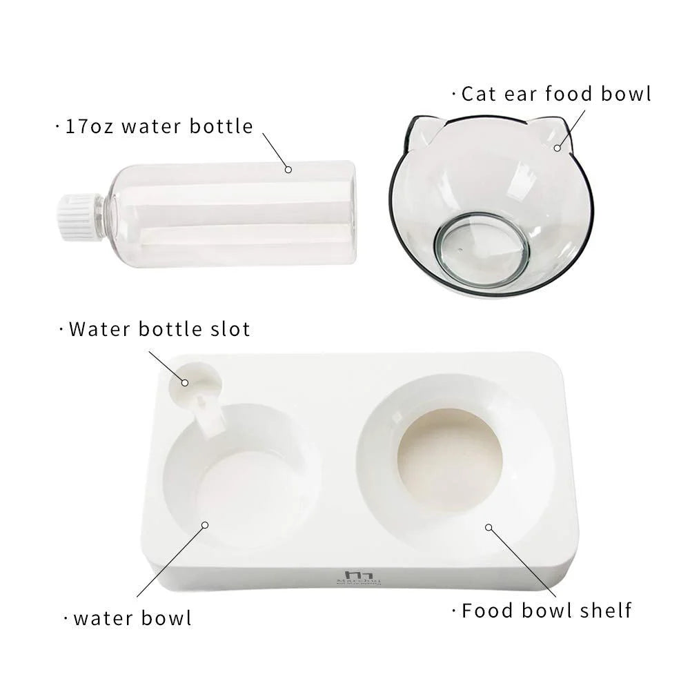 Raised Three Cat Dishes Food and Water Bowl with Automatic Water Bottle for Cats