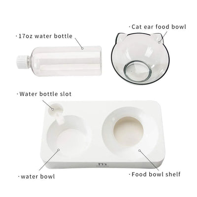 Raised Three Cat Dishes Food and Water Bowl with Automatic Water Bottle for Cats