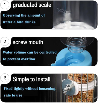 No Mess Bird Water Feeder Dispenser Automatic Hanging Bird Feeder for Cage, Parakeet Cage Accessories, Parrot Cockatiel Seed Food Container Drinker for Squirrel Finch Lovebirds Budgies Canary (Set)