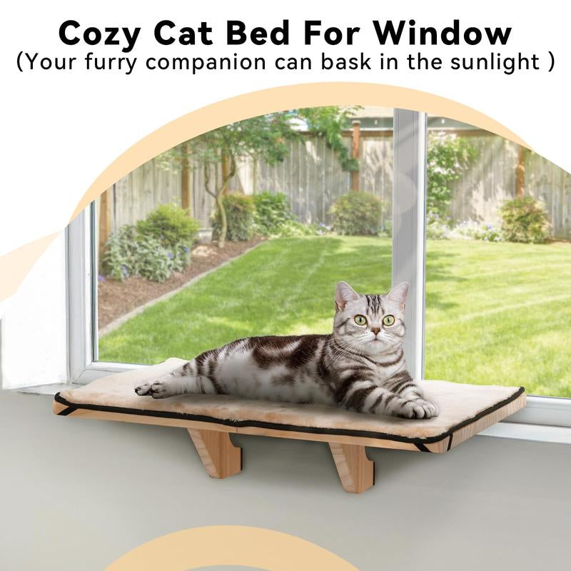 [Cozy Cat Hammock] PETSFIT Window Seat with Wood Base & Soft Mat | Supports Large Cats | Fits Windowsill/Bedside/Drawer