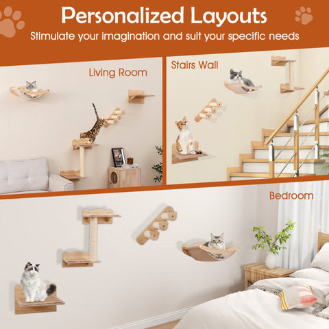 Cat Wall Furniture Set of 4 with Hammock 2-Step Cat Tree and Perch